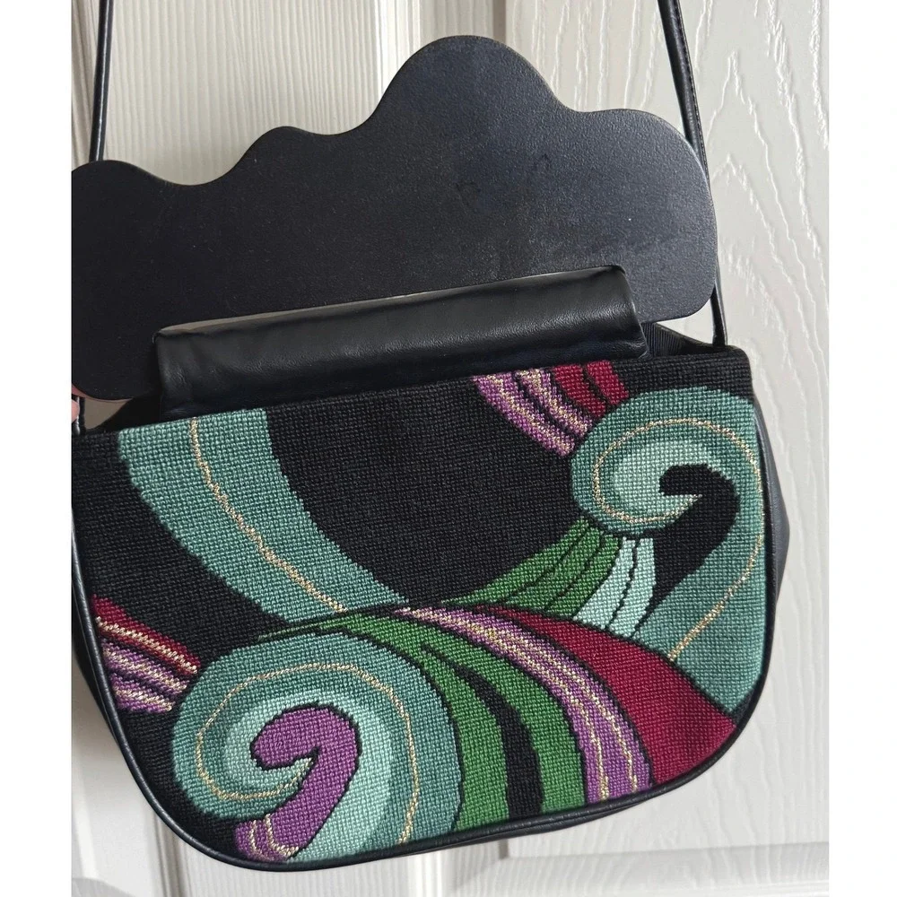 Vintage Patricia Smith Moon Bag Black Leather Abstract Purse 80s Art Deco